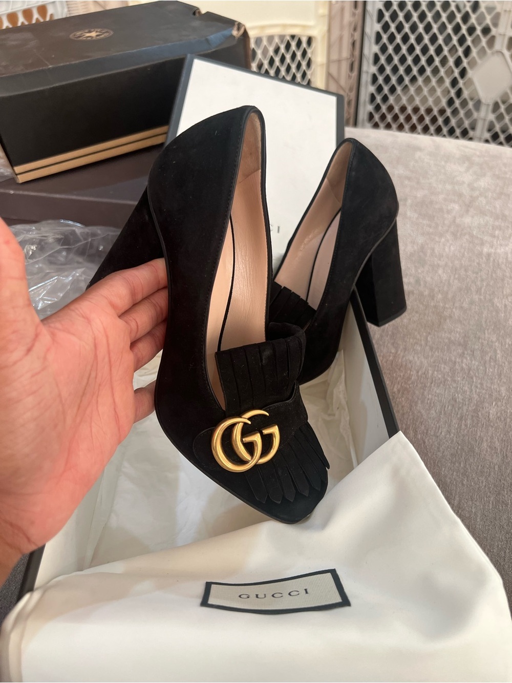 Gucci Black Suede Block Heel Pumps with Gold Double G Tassel